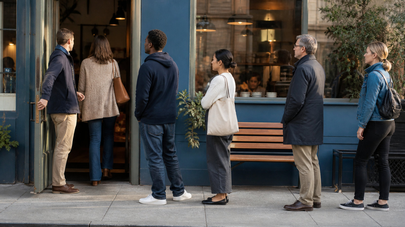 People waiting in line at a neighborhood café while one person holds the door