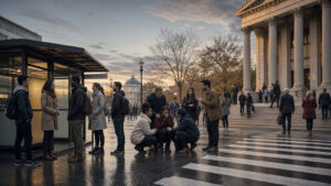 People following everyday customs, helping someone in public, and walking beside a civic courthouse