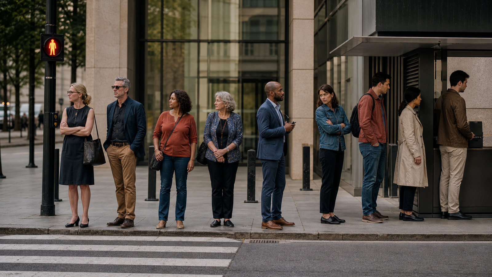 Pedestrians waiting at a crossing signal beside people standing in a queue