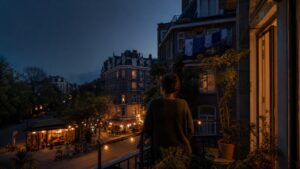 A person overlooking a familiar neighborhood at blue hour, with homes, a local café, and warm street lights