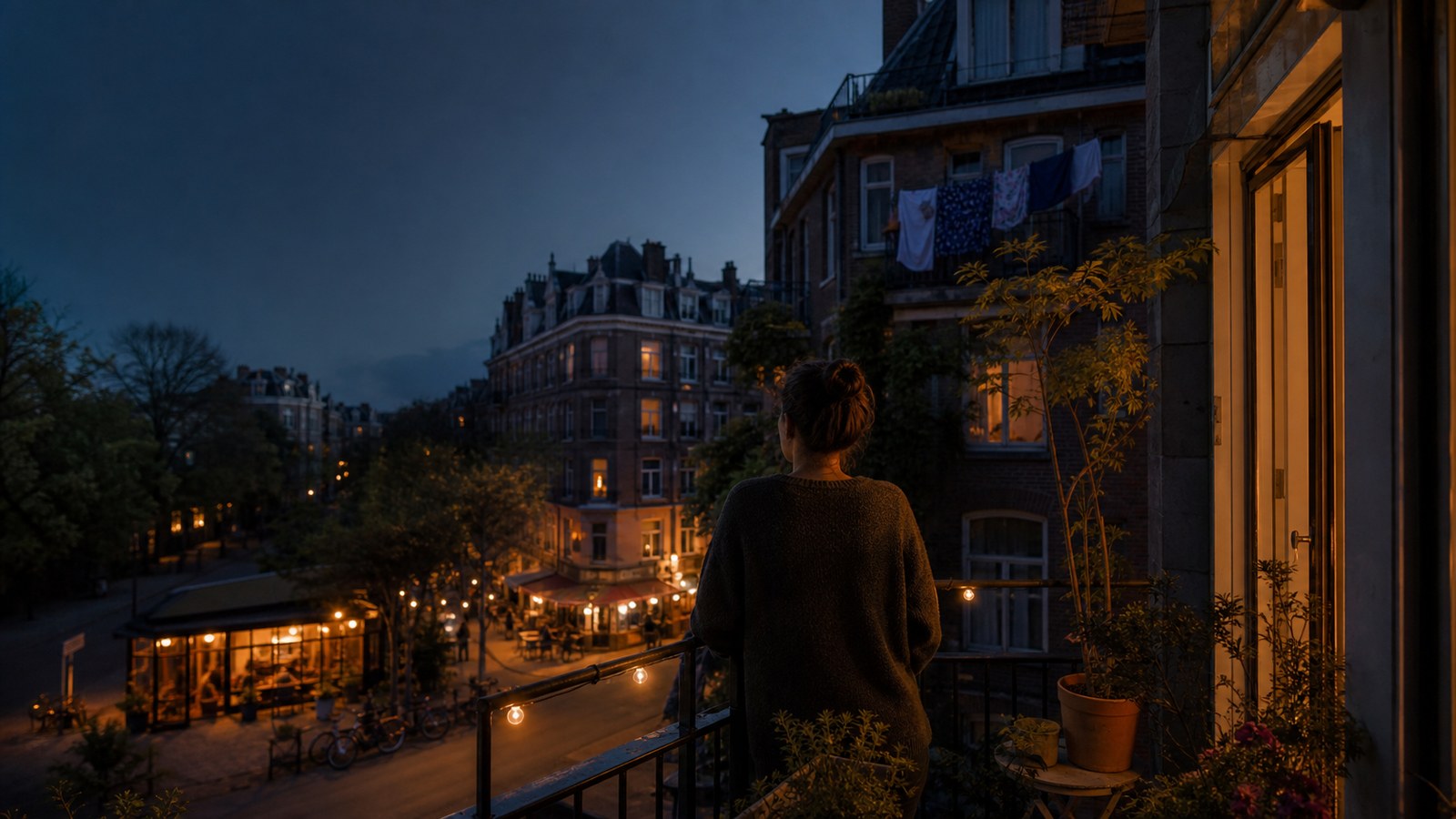 A person overlooking a familiar neighborhood at blue hour, with homes, a local café, and warm street lights