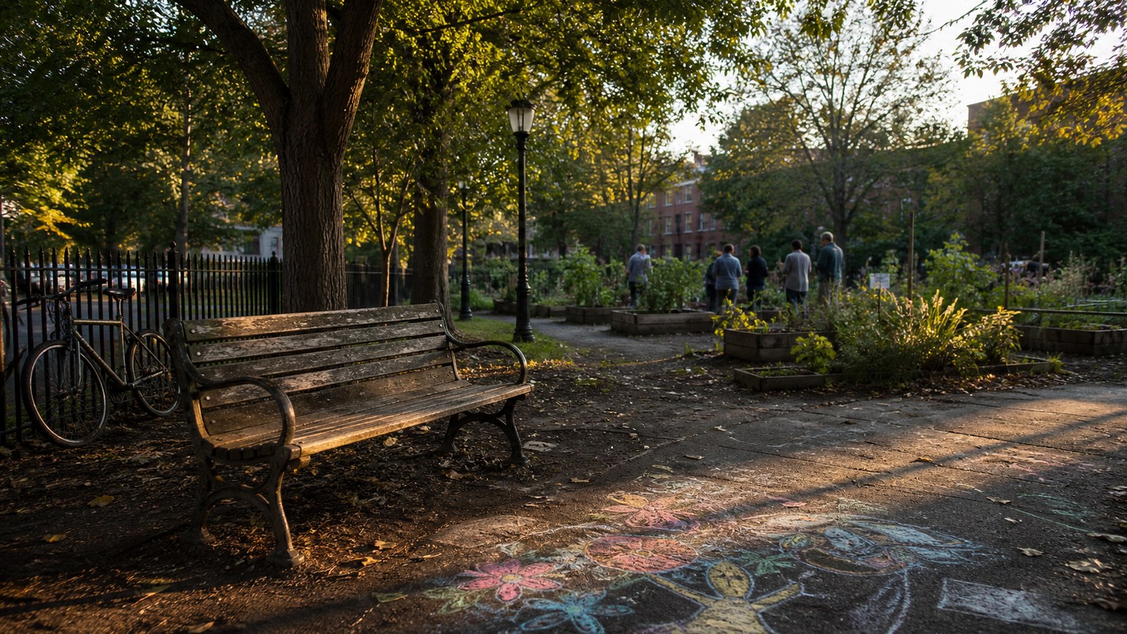 A neighborhood park with a bench, community garden, chalk drawings, and people gathering in the distance