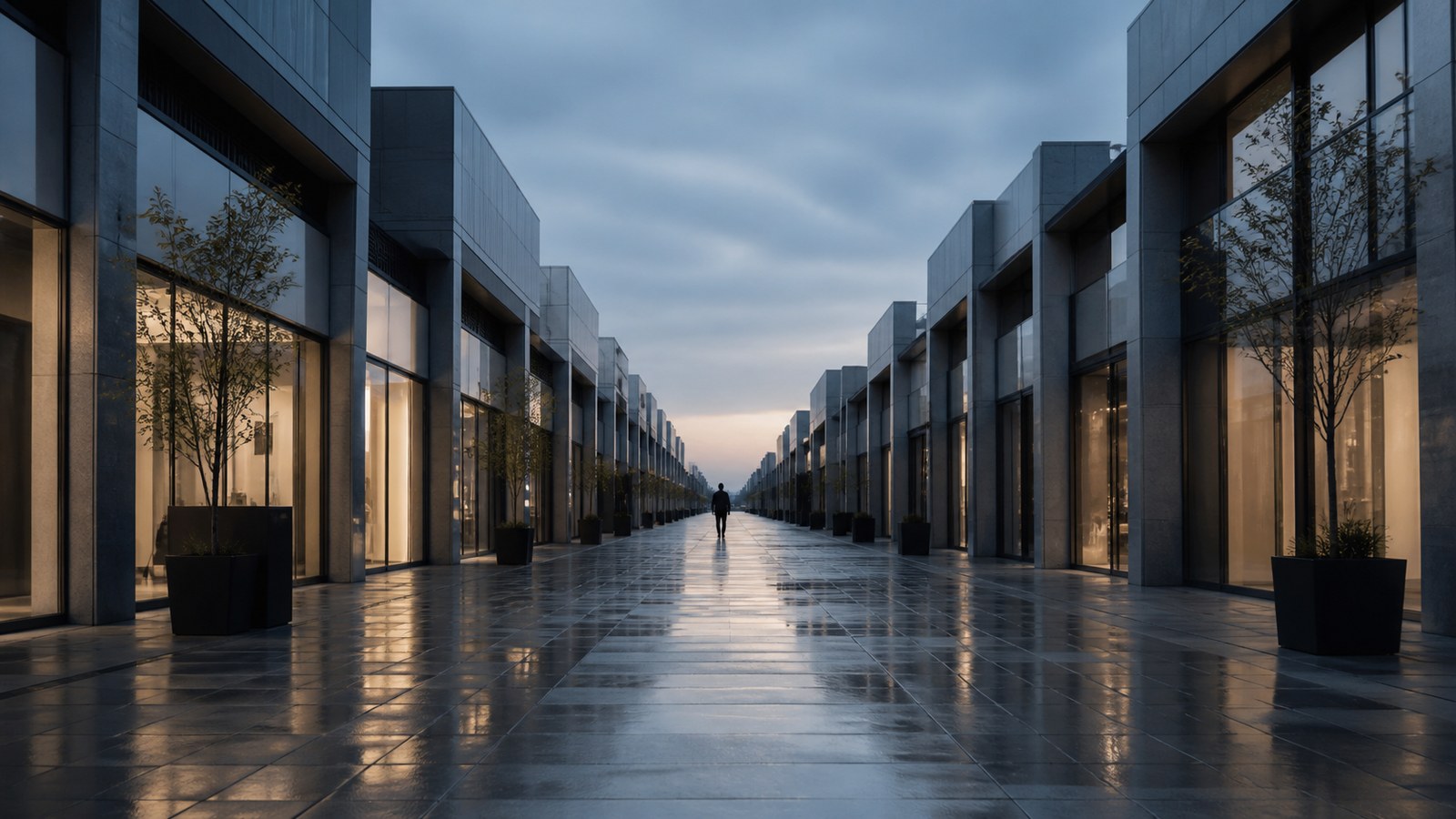 A quiet, visually uniform commercial corridor at dusk with repeated glass storefronts and one distant pedestrian