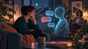 Illustration of a person using a conversational AI interface with a human therapist in the background