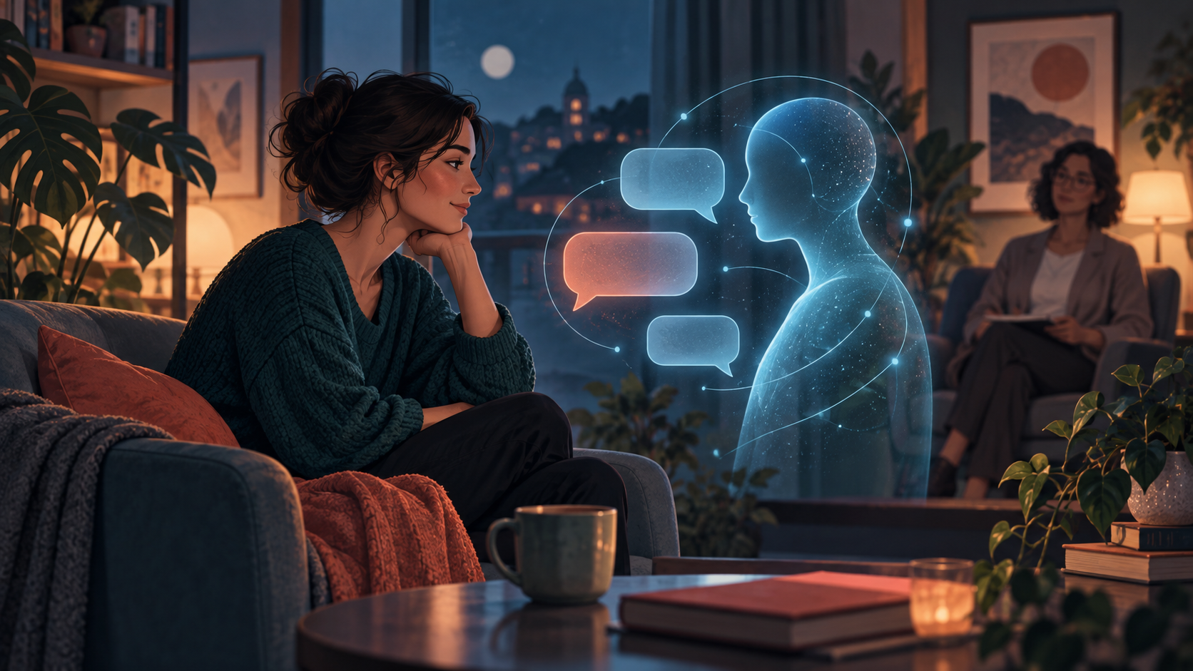 Illustration of a person using a conversational AI interface with a human therapist in the background