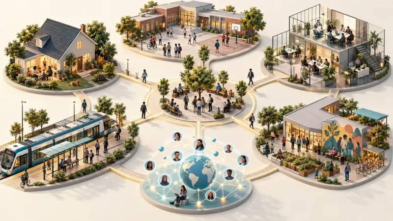 Illustration of a family home, school, workplace, transit network, community center, and online network connected as social systems