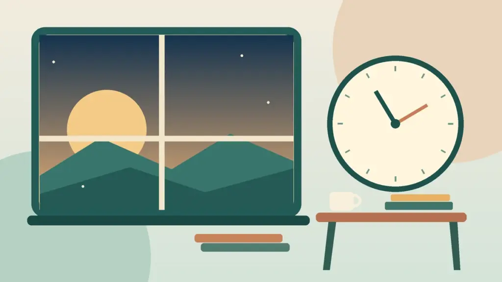Original illustration of an analog clock beside a window at dusk, with books and a cup on a table