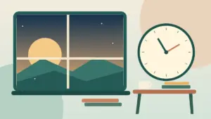 Original illustration of an analog clock beside a window at dusk, with books and a cup on a table