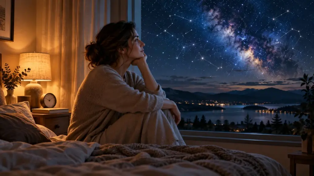 Daylight saving time and mental health: a woman beside a clock under a cosmic night sky