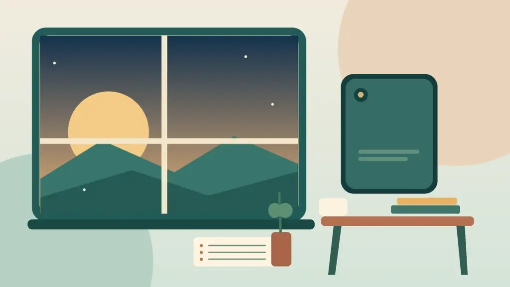 Original illustration of the back of a phone beside a dusk window, books, and a simple checklist