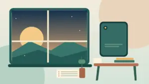 Original illustration of the back of a phone beside a dusk window, books, and a simple checklist