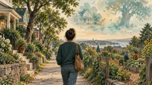 A person on a familiar neighborhood path beside homes and a community garden