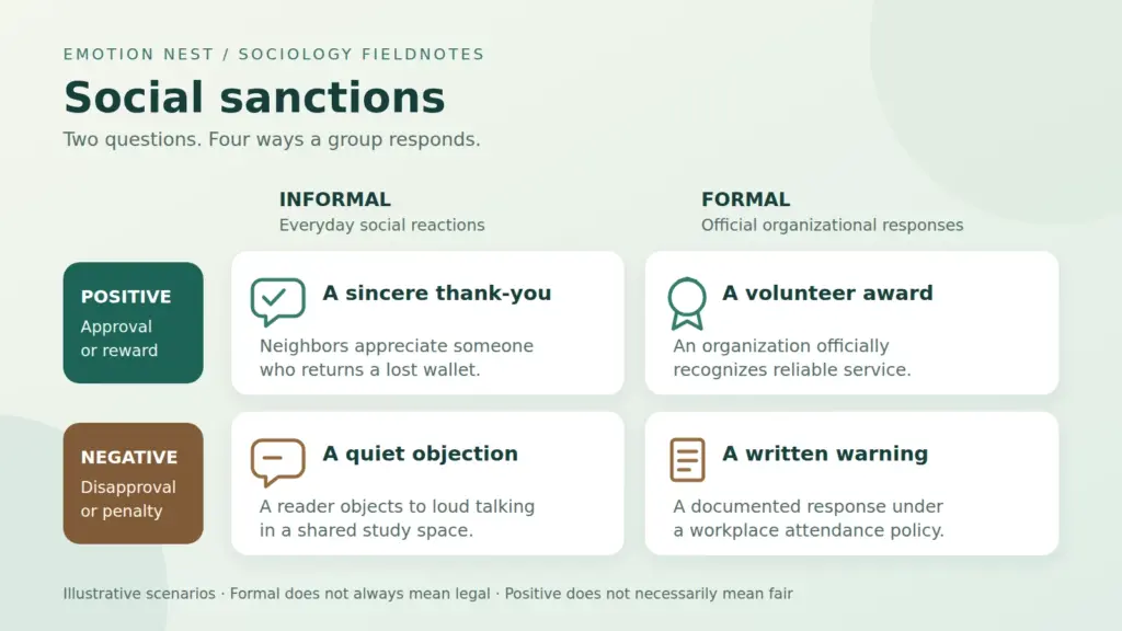 Social sanctions map comparing positive and negative responses with formal awards, written warnings, everyday thanks, and objections