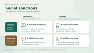 Social sanctions map comparing positive and negative responses with formal awards, written warnings, everyday thanks, and objections